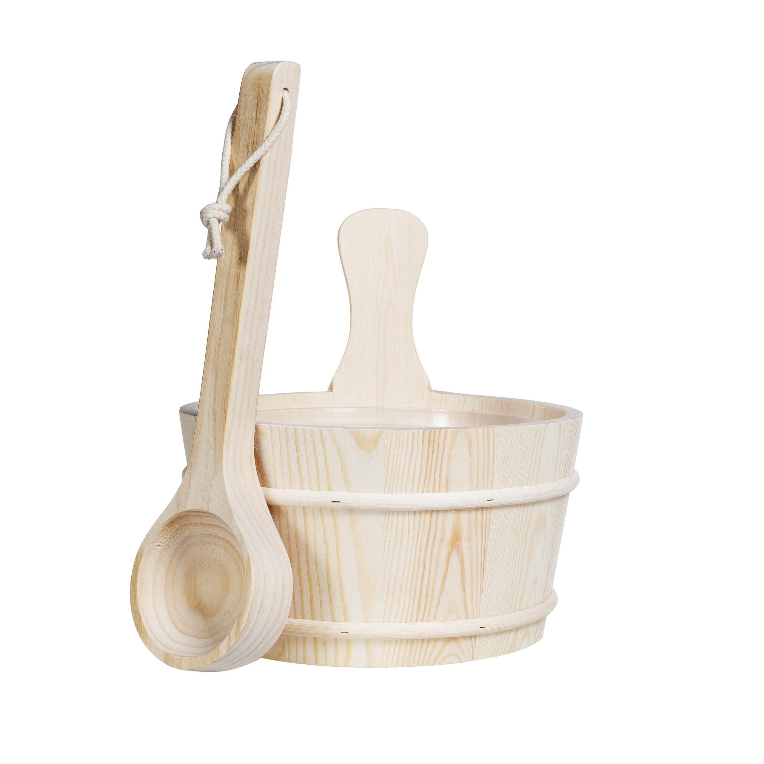 Wooden Sauna Bucket & Ladle Set, 1 Gallon (4L), Handmade Natural Pine with Rope Handle & Leakproof Liner