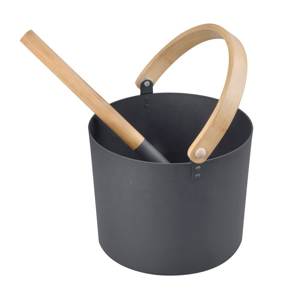 Luxurious Finnish Sauna Aluminum Bucket, Long Handle Spoon Set Matching Ladle Sauna Barrel(5L), black