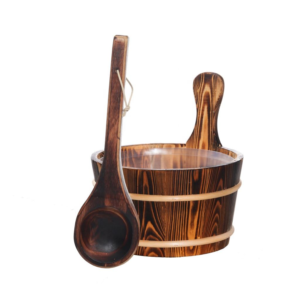 Solid 4L Sauna Wooden Carbonizing Wood Bucket for Steam Room Bottomless Sauna Accessory with PE Plastic Liner