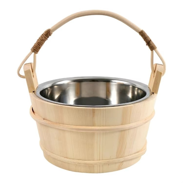 5L Finland pine Stainless Steel Bucket Stainlesl Steel Ladle Set for Sauna